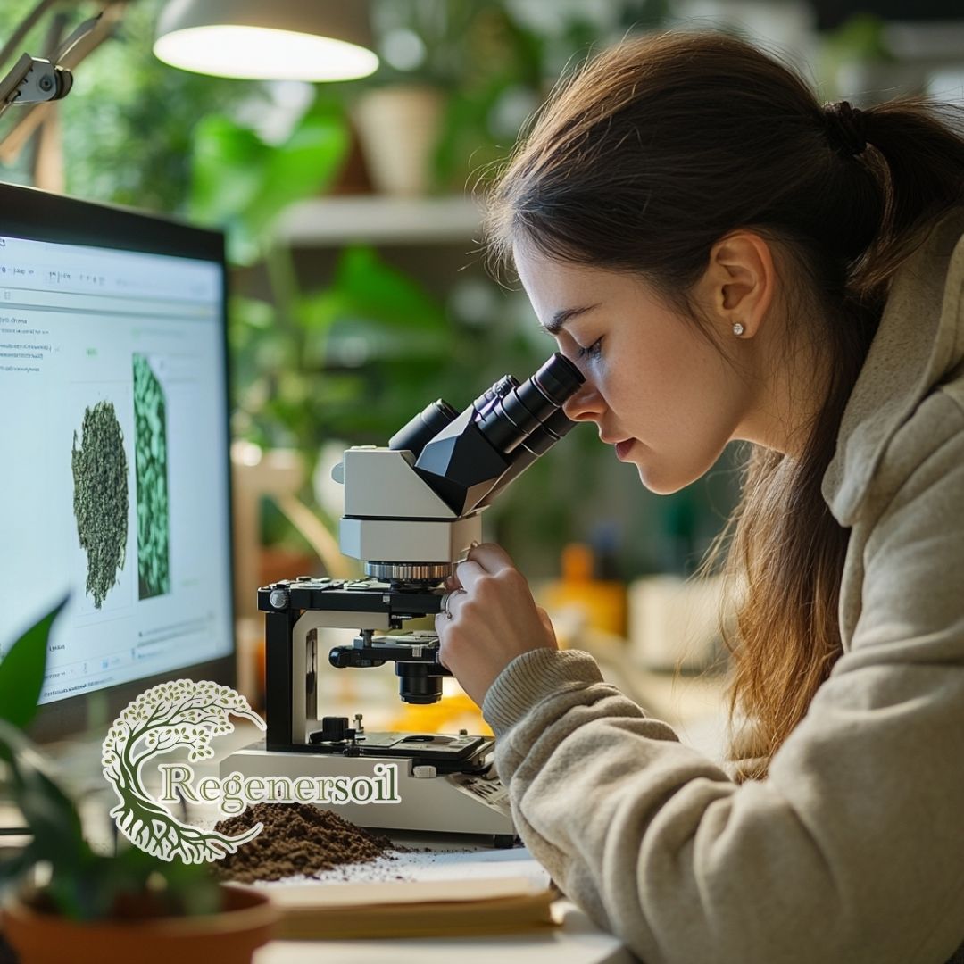 Scientist analyzing soil under a microscope with RegenerSoil branding