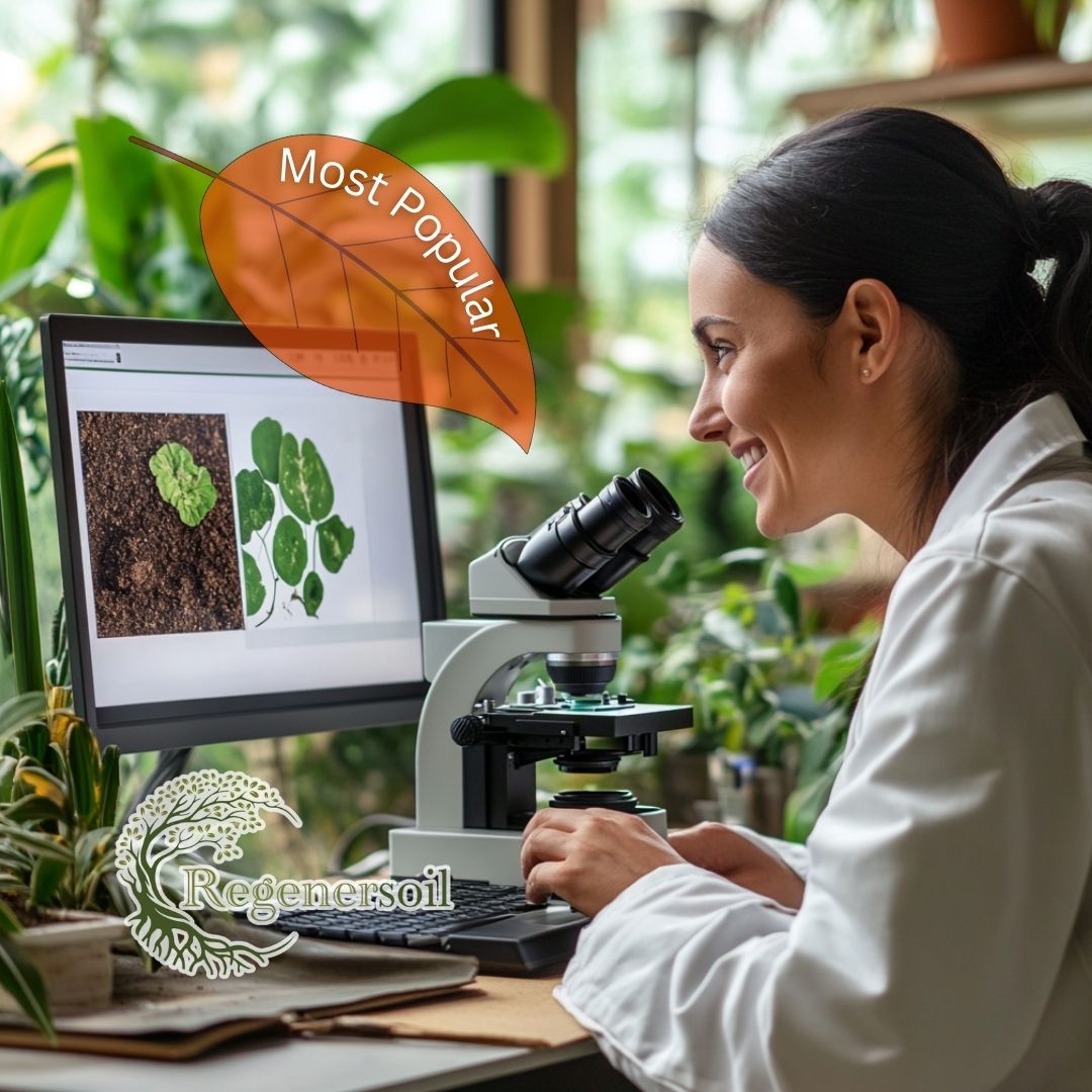 Woman reviewing microbial soil analysis results, labeled 'Most Popular with RegenerSoil branding.'