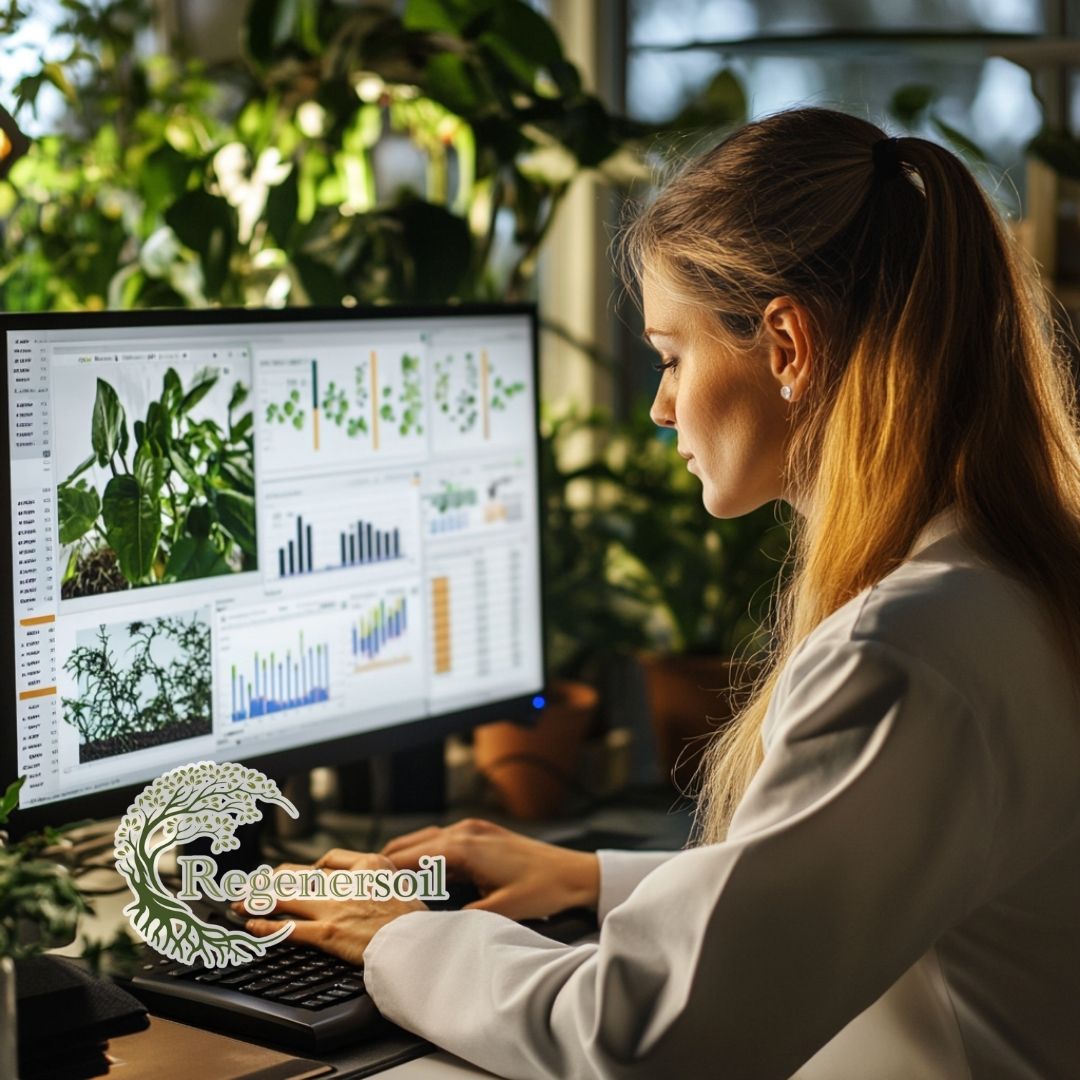 Woman reviewing microbial soil analysis with detailed soil analysis with charts and graphs on a monitor & RegenerSoil branding.