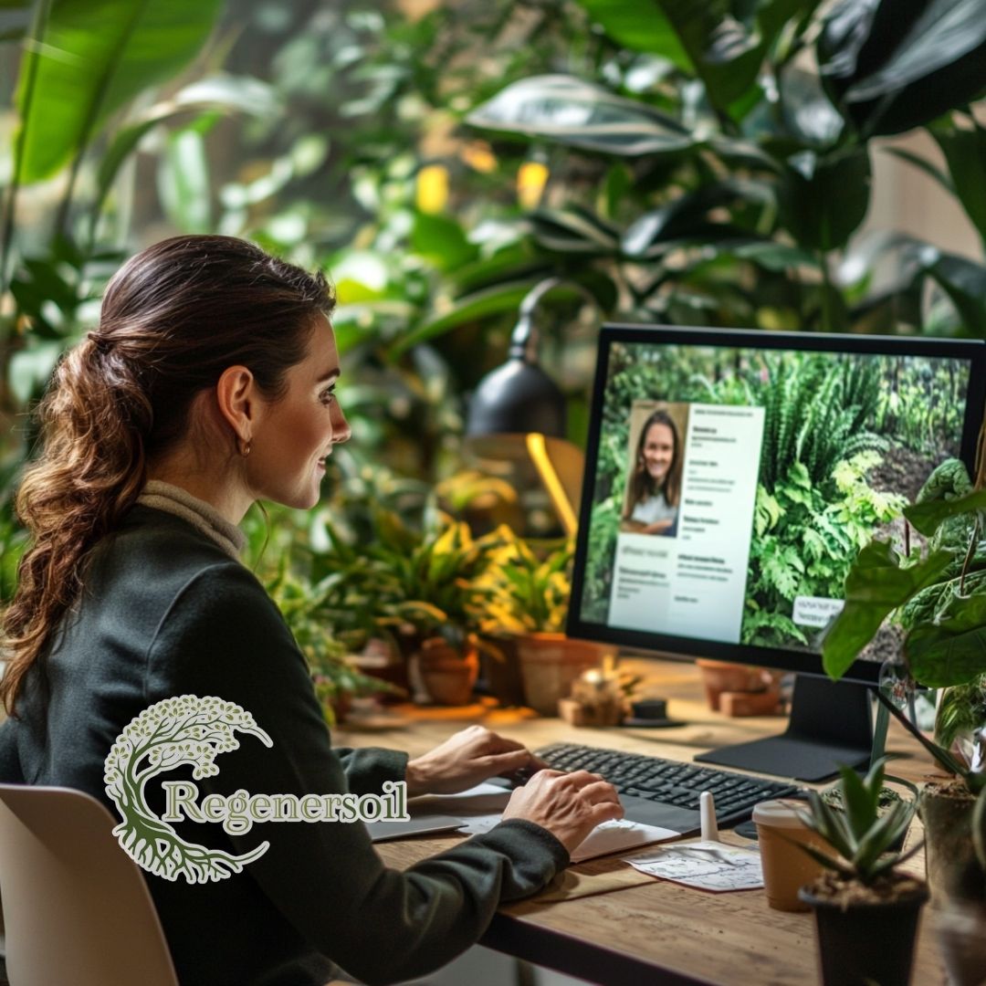 Professional conducting a virtual soil consultation surrounded by greenery with RegenerSoil branding